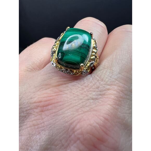 Karis Platinum & 18K Gold Plated Malachite Statement Ring Size 7 - Picture 3 of 16